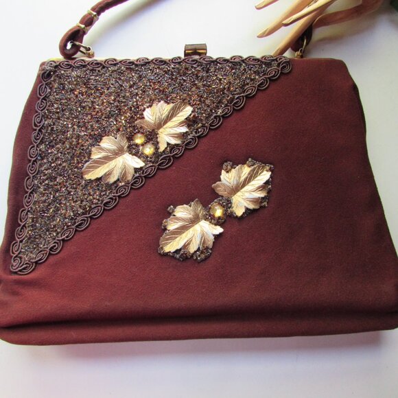 SALE Vintage Caron of Texas Hand Bag Chocolate Brown Gold Bead Accents - Picture 3 of 11